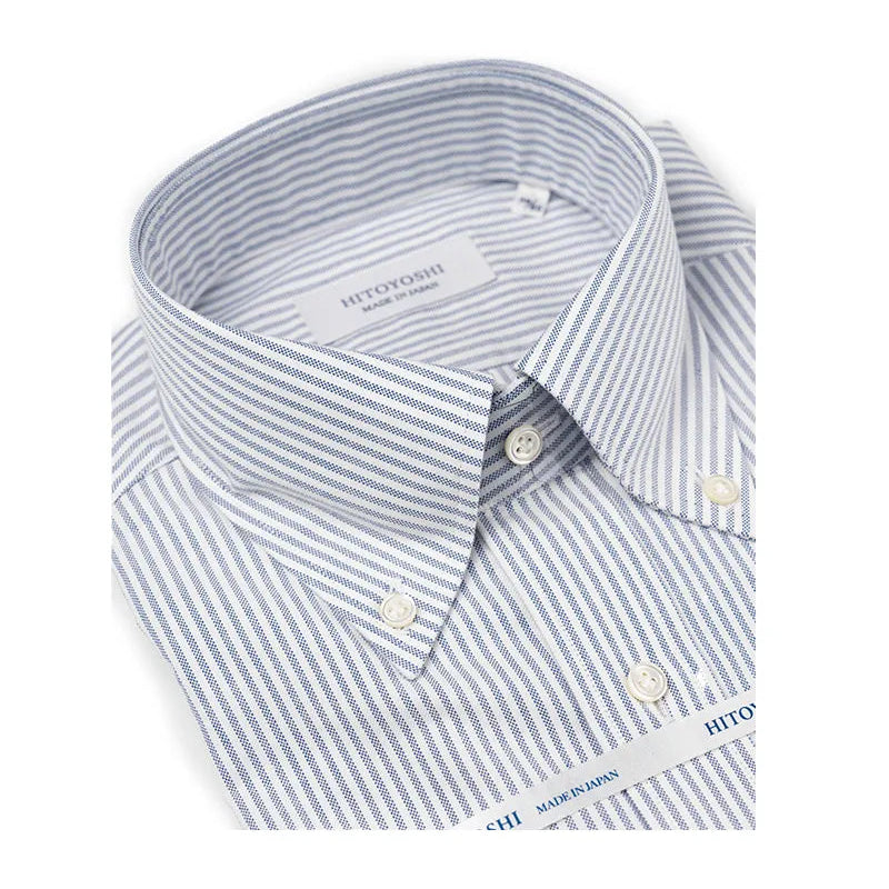 Collar detail of the Hitoyoshi Oxford Cloth Button Down Navy Stripe shirt