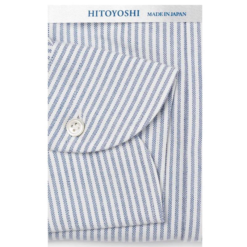 Folded sleeve button detail of the Hitoyoshi Oxford Cloth Button Down Navy Stripe shirt