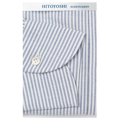 Folded sleeve button detail of the Hitoyoshi Oxford Cloth Button Down Navy Stripe shirt