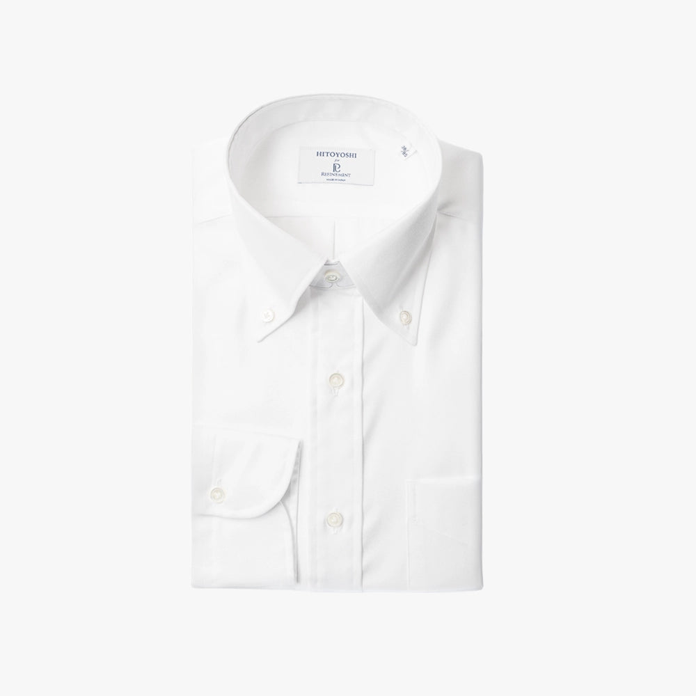 Front view of the Hitoyoshi Oxford Cloth Button Down Shirt in White showing the clean silhouette, classic button-down collar, and refined Oxford texture.