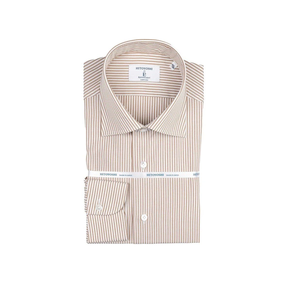 Folded view of the Hitoyoshi Spread Collar Candy Stripe Shirt Brown showing collar shape, stripe pattern, and neat folding.