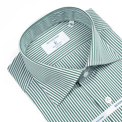 Close-up of the spread collar showing sharp collar points, stitching precision, and stripe alignment.