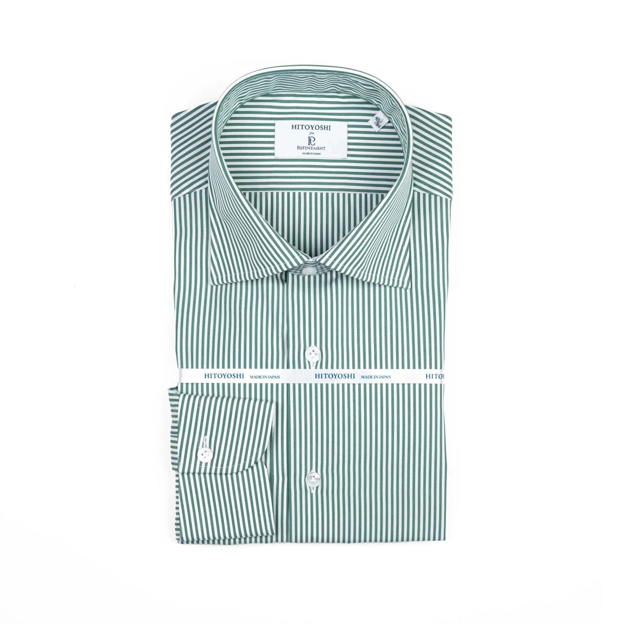 Folded view of the Hitoyoshi Spread Collar Candy Stripe Shirt Green showing the collar shape, stripe pattern, and neat fold.