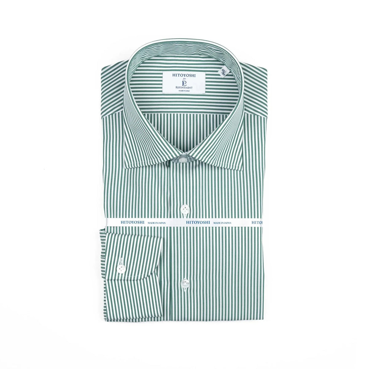 Folded view of the Hitoyoshi Spread Collar Candy Stripe Shirt Green showing the collar shape, stripe pattern, and neat fold.