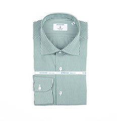 Folded view of the Hitoyoshi Spread Collar Candy Stripe Shirt Green showing the collar shape, stripe pattern, and neat fold.