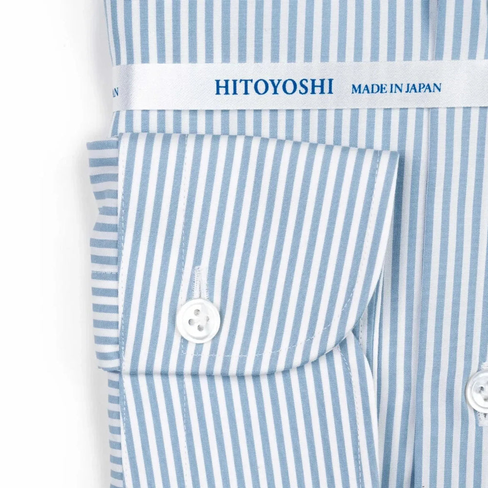 Close-up of the grey candy stripe broadcloth showing crisp texture, smooth weave, and neutral stripe tone.