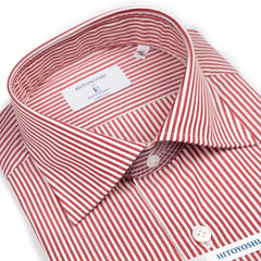 Close-up of the spread collar showing refined shape, stitching accuracy, and stripe alignment.