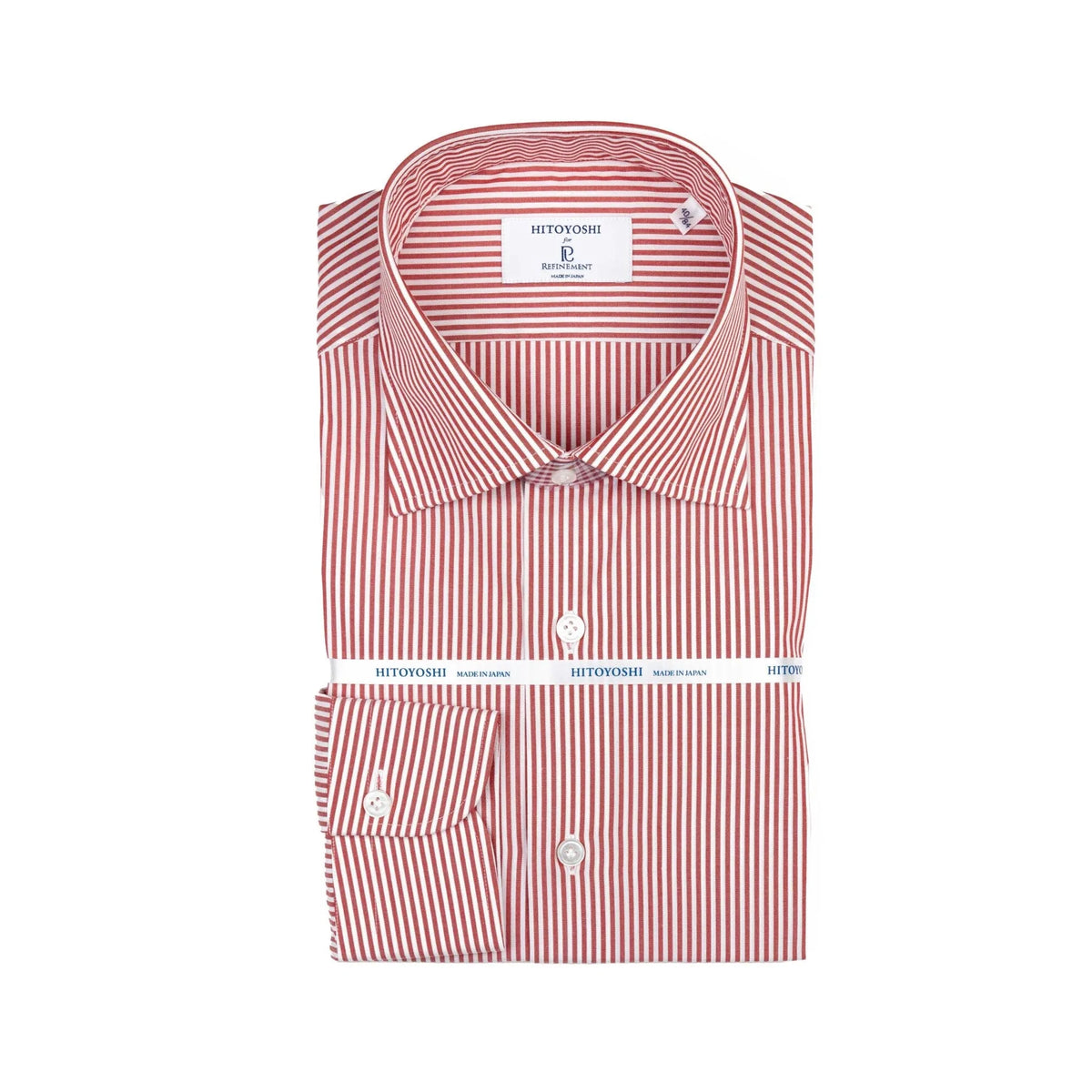 Folded view of the Hitoyoshi Spread Collar Candy Stripe Shirt Red showing collar shape, stripe pattern, and neat folding.