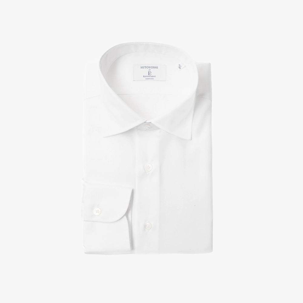 Front view of the Hitoyoshi Spread Collar Shirt in White showing the clean silhouette, refined spread collar, and crisp cotton texture.