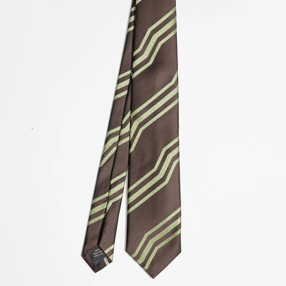 Full view of the Holliday & Brown jacquard tie in brown and green showing refined woven pattern and elegant proportions.
