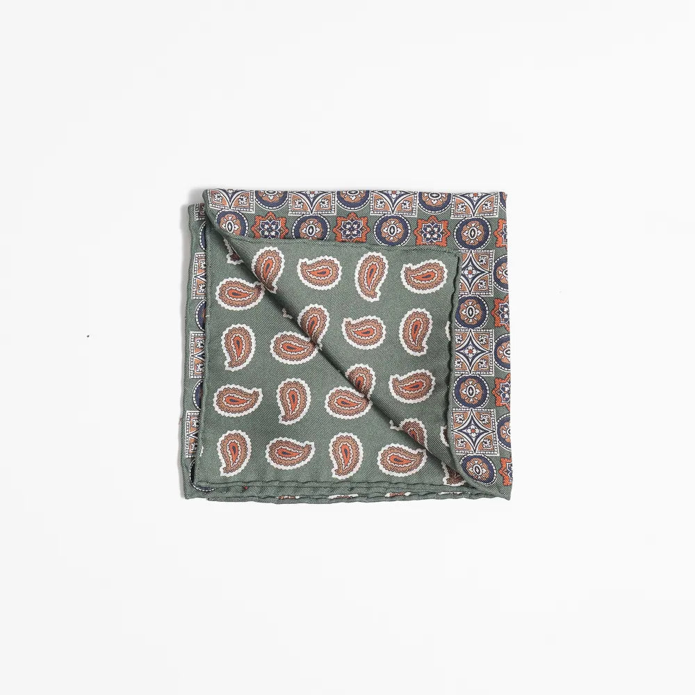 Folded view of the Holliday & Brown pocket square showing pattern placement and finishing detail.