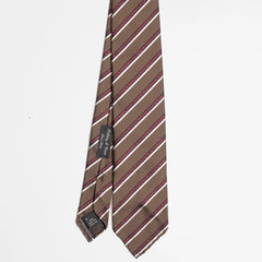 Full view of the Holliday & Brown stripe tie in brown and red showing classic diagonal stripe pattern and refined proportions.