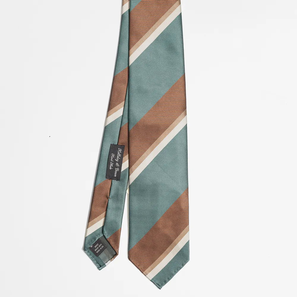 Full view of the Holliday & Brown stripe tie in green, brown, and white showing classic diagonal stripe pattern and refined proportions.