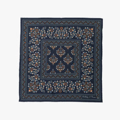 Full view of the Holliday & Brown pocket square in navy, showing the complete printed pattern, rich navy tone, and bordered design.