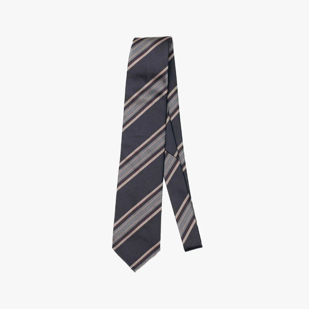 Full view of the Holliday & Brown Signature Stripe Tie in navy and blue, showing the classic striped pattern and refined silhouette.