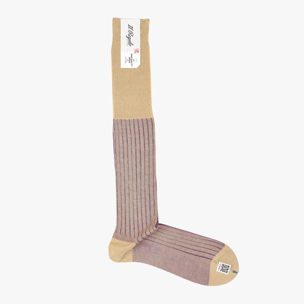 Full view of the Il Regalo Reversible Over The Calf Socks in Beige & Plum showing the elongated silhouette, rib knit texture, and reversible dual-tone design.