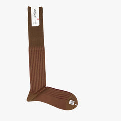 Full view of the Il Regalo Reversible Over The Calf Socks in Brown & Burgundy showing the elongated silhouette, rib-knit texture, and reversible two-tone construction.