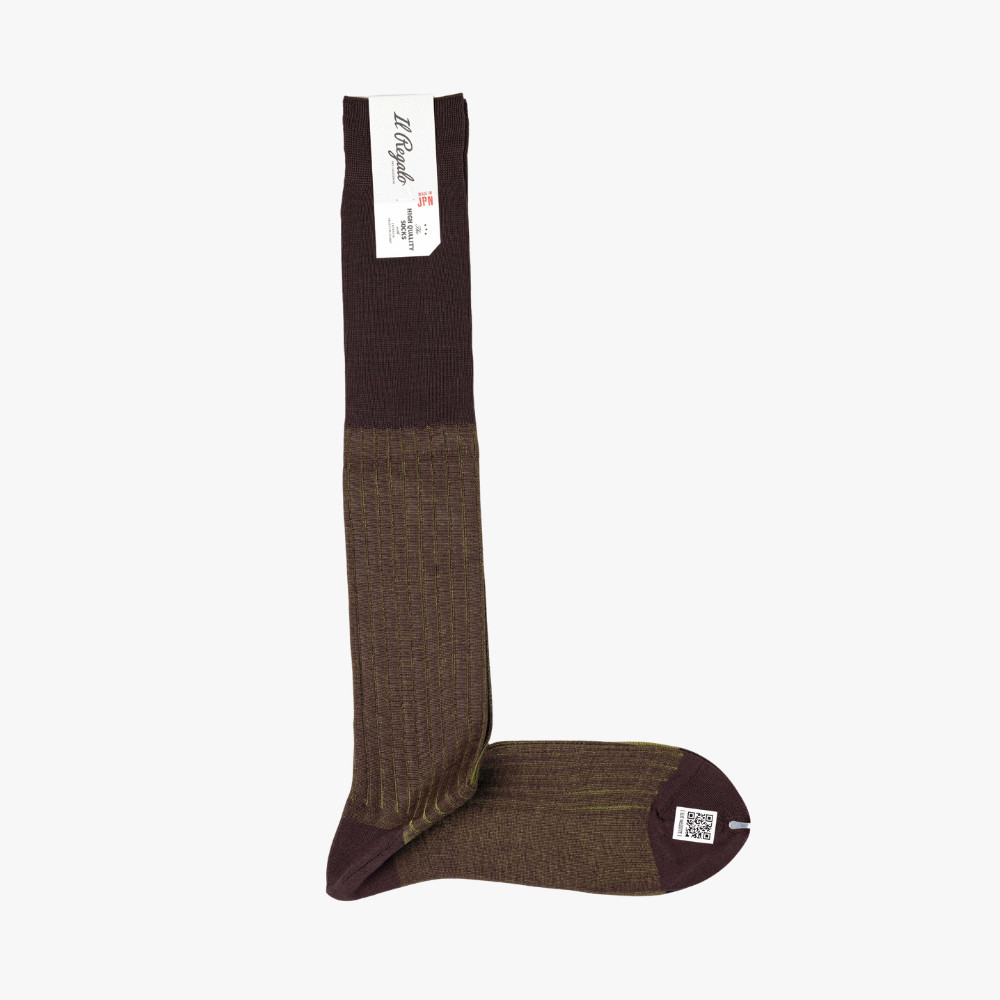 Full view of the Il Regalo Reversible Over The Calf Socks in Chocolate & Pistachio showing the elongated silhouette, rib-knit texture, and reversible two-tone design.
