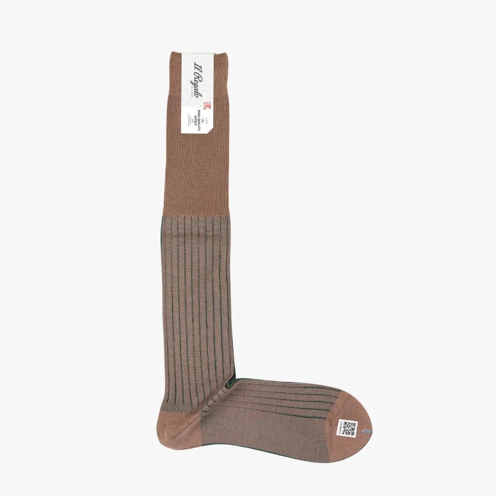 Full view of the Il Regalo Reversible Over The Calf Socks in Cocoa & Green showing the elongated silhouette, rib-knit texture, and two-tone reversible design.