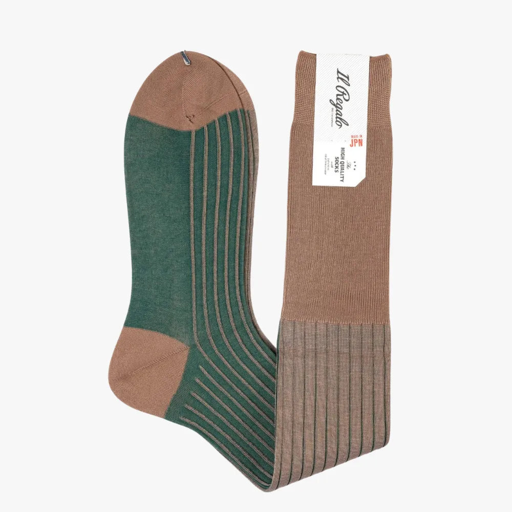 Side view of the Il Regalo Reversible Over The Calf Socks highlighting the rib-knit pattern, contrasting heel and toe, and dual-color reversible design.