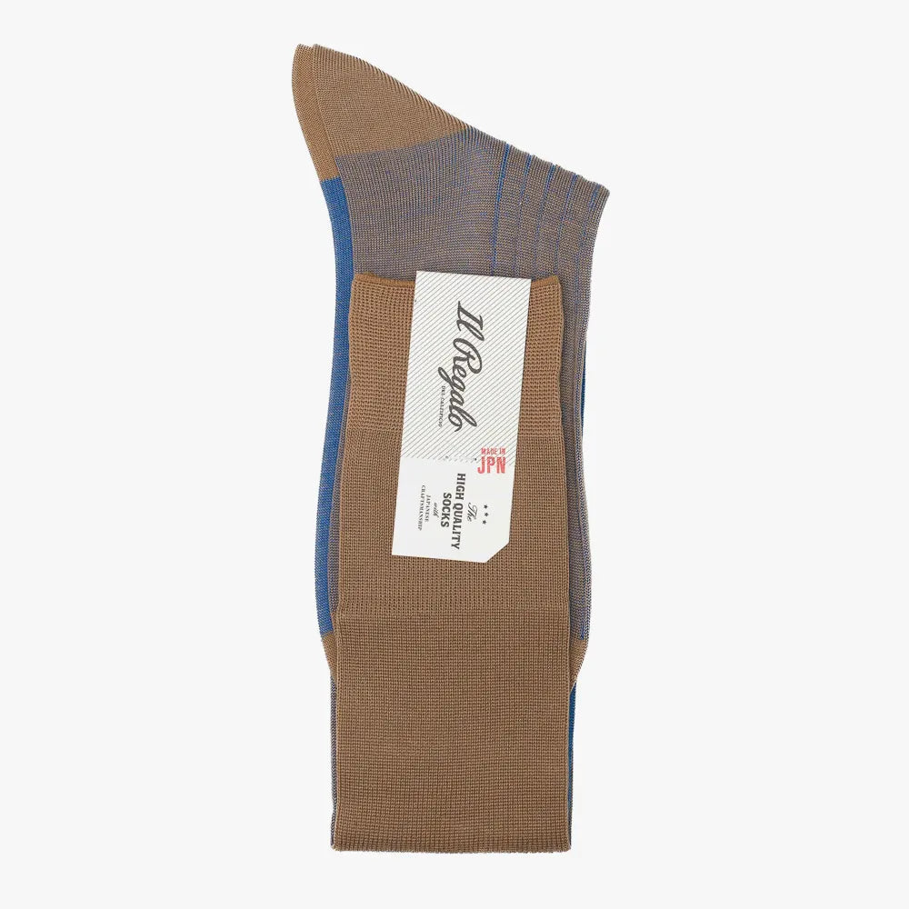 Folded view of the Il Regalo Reversible OTC Socks displaying both Tan and Blue tones and the reversible rib-knit construction.