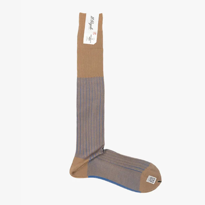 Full view of the Il Regalo Reversible Over The Calf Socks in Tan & Blue showing the elongated silhouette, rib knit texture, and reversible dual-tone design.