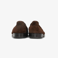 John Lobb Bath Loafer in dark brown suede, back view highlighting heel and stitching.