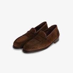 John Lobb Bath Loafer in dark brown suede, angled front view showing tassel and shape.