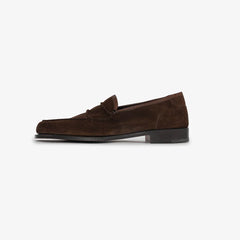 John Lobb Bath Loafer in dark brown suede, side profile highlighting elegant lines.