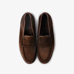 John Lobb Bath Loafer in dark brown suede, top view of pair with tassel detail visible.