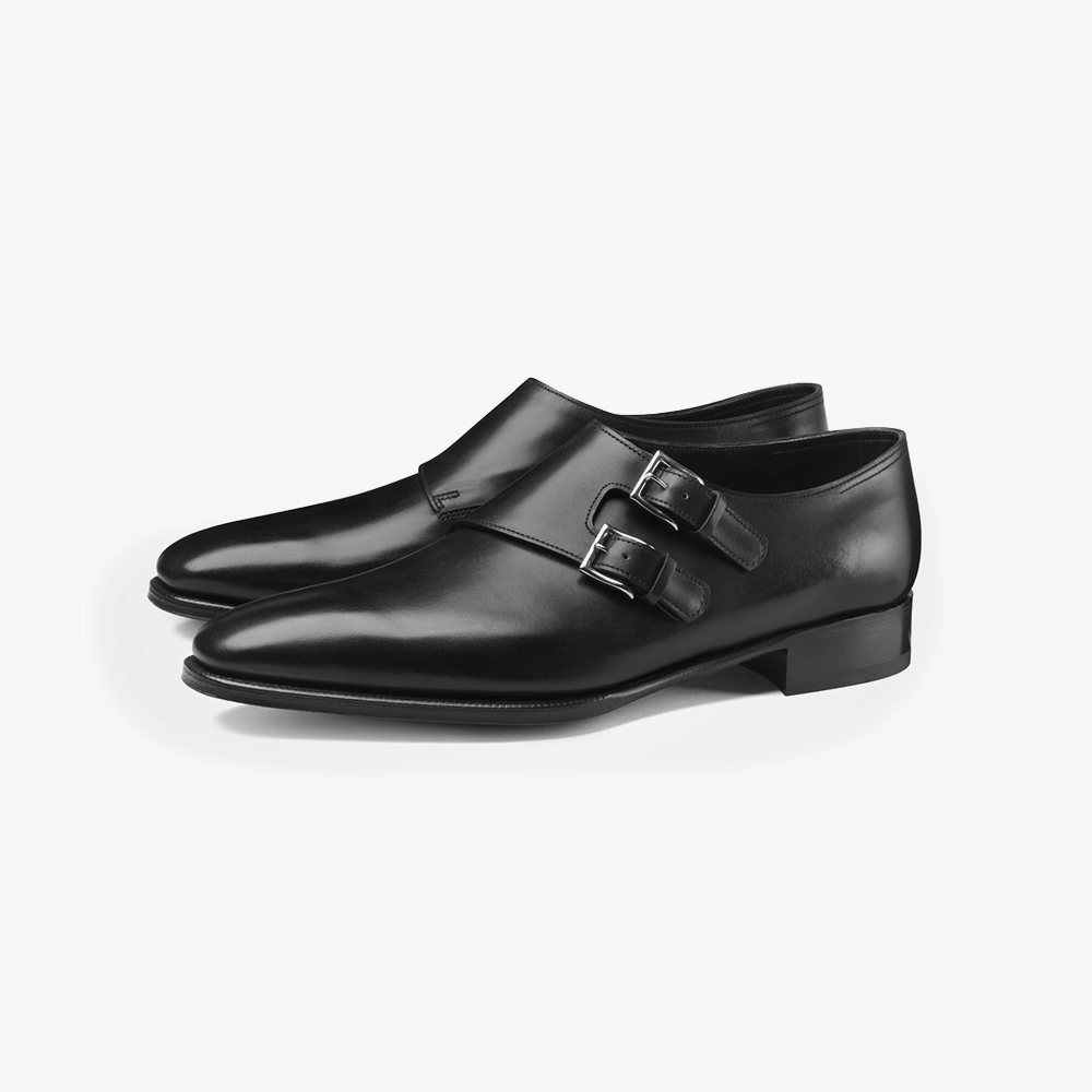Front view of the John Lobb Chapel Double Monk in Black, showing the elegant last shape and refined double-strap design.
