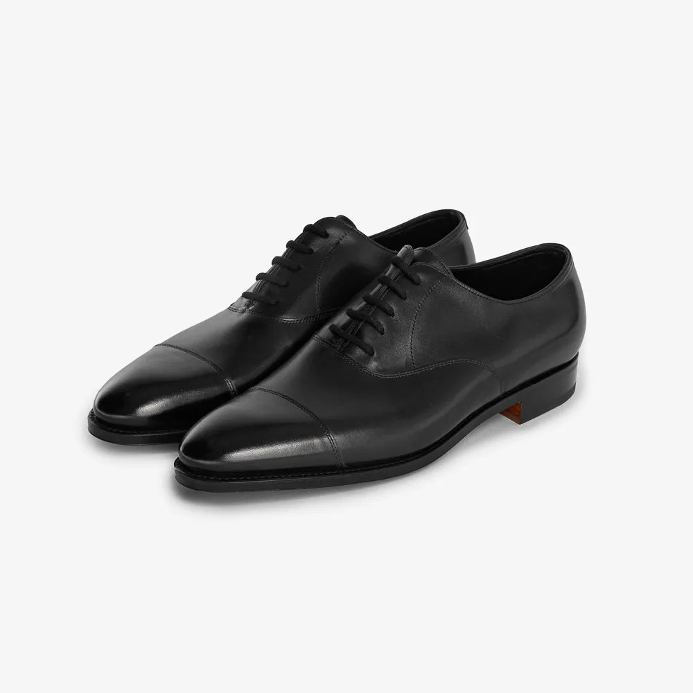 John Lobb Philip II Oxford in black calf leather, angled front view.