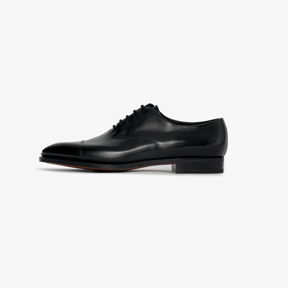 John Lobb Philip II Oxford in black calf leather, side profile showing closed lacing.
