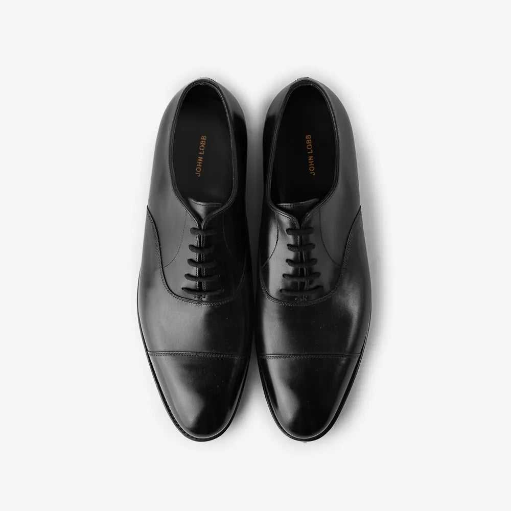 John Lobb Philip II Oxford in black calf, top view showing cap toe and symmetry.