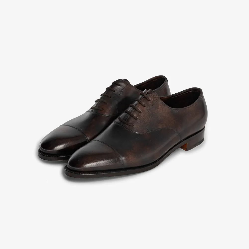 John Lobb City II Oxford in dark brown Museum Calf, angled front view showing refined shape.

