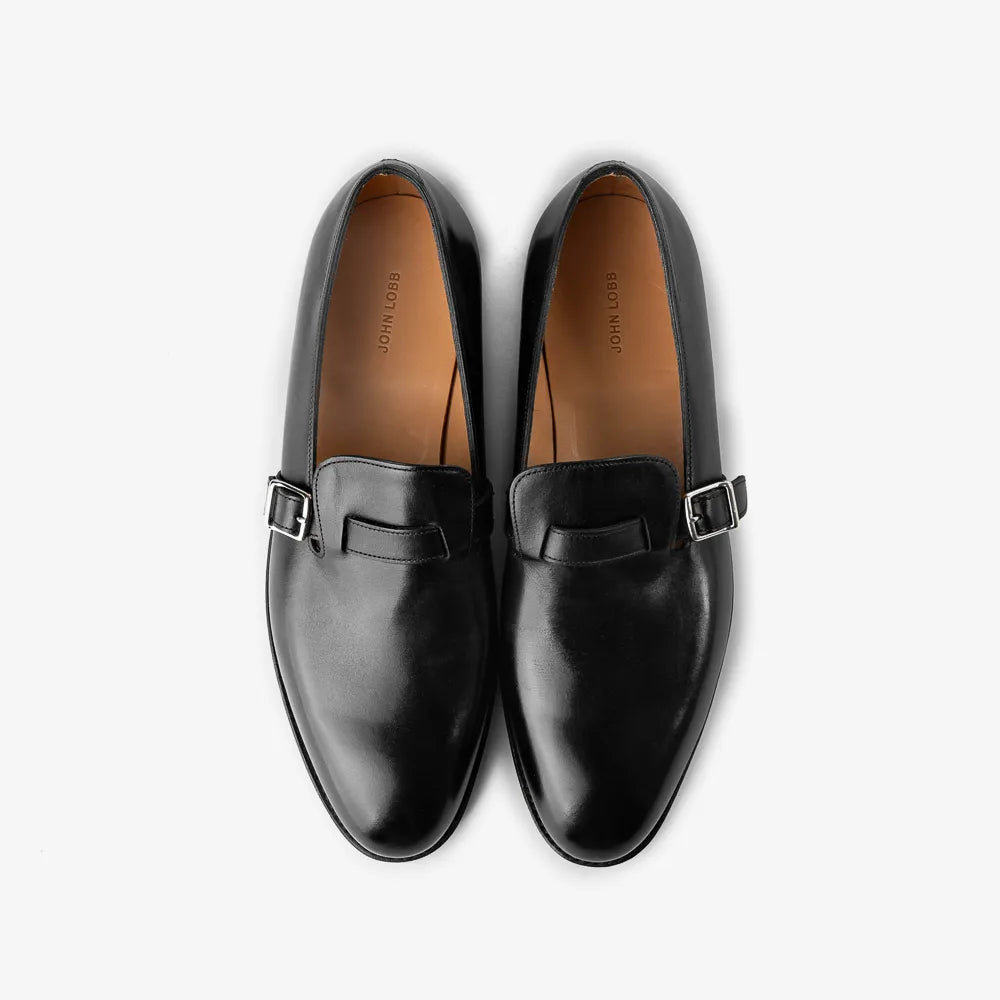 John Lobb Delano II Oxford in black calf leather, top view showing closed lacing and cap detail.