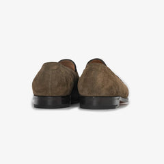 John Lobb Lopez loafer in olive suede, back view highlighting heel and stitching.