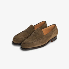 John Lobb Lopez loafer in olive suede, angled front view showing apron stitching.