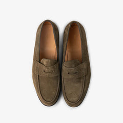 John Lobb Lopez loafer in olive suede, top view showing apron and strap detail.