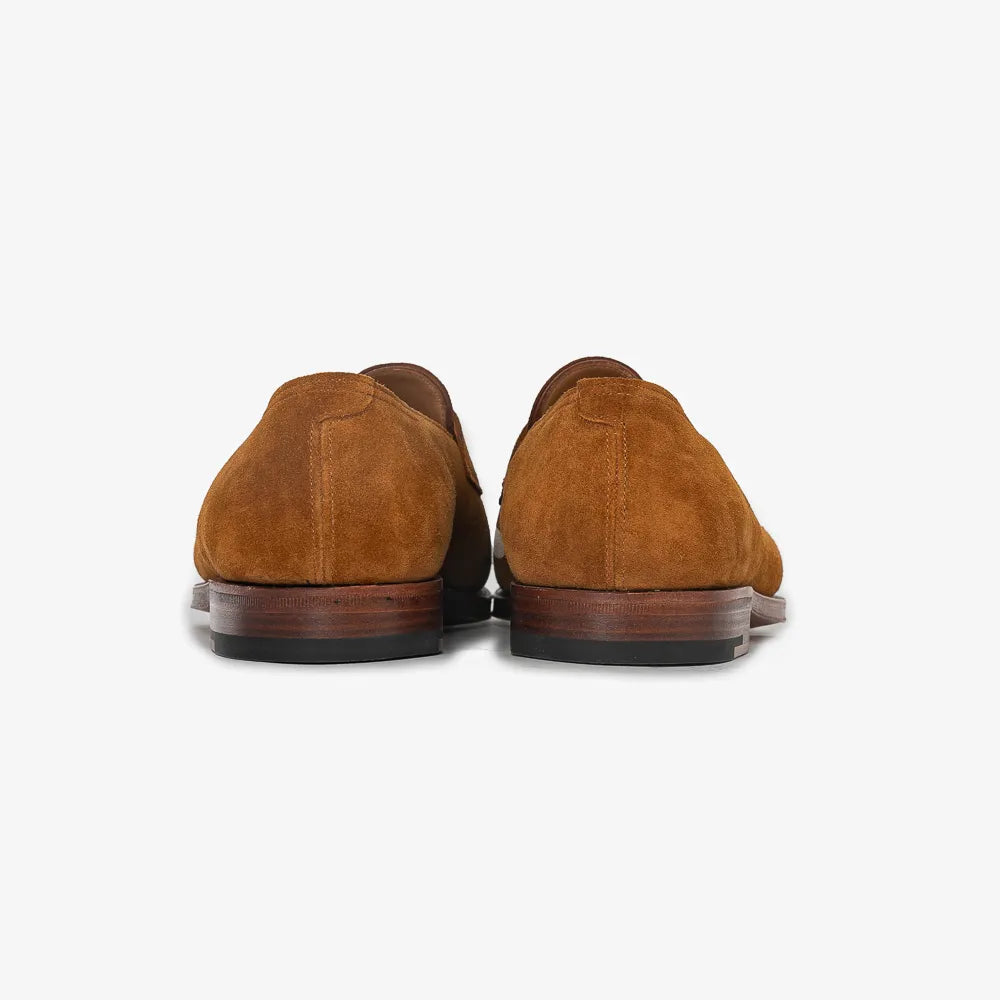 John Lobb Lopez penny loafer in tobacco suede, back view showing heel shape.