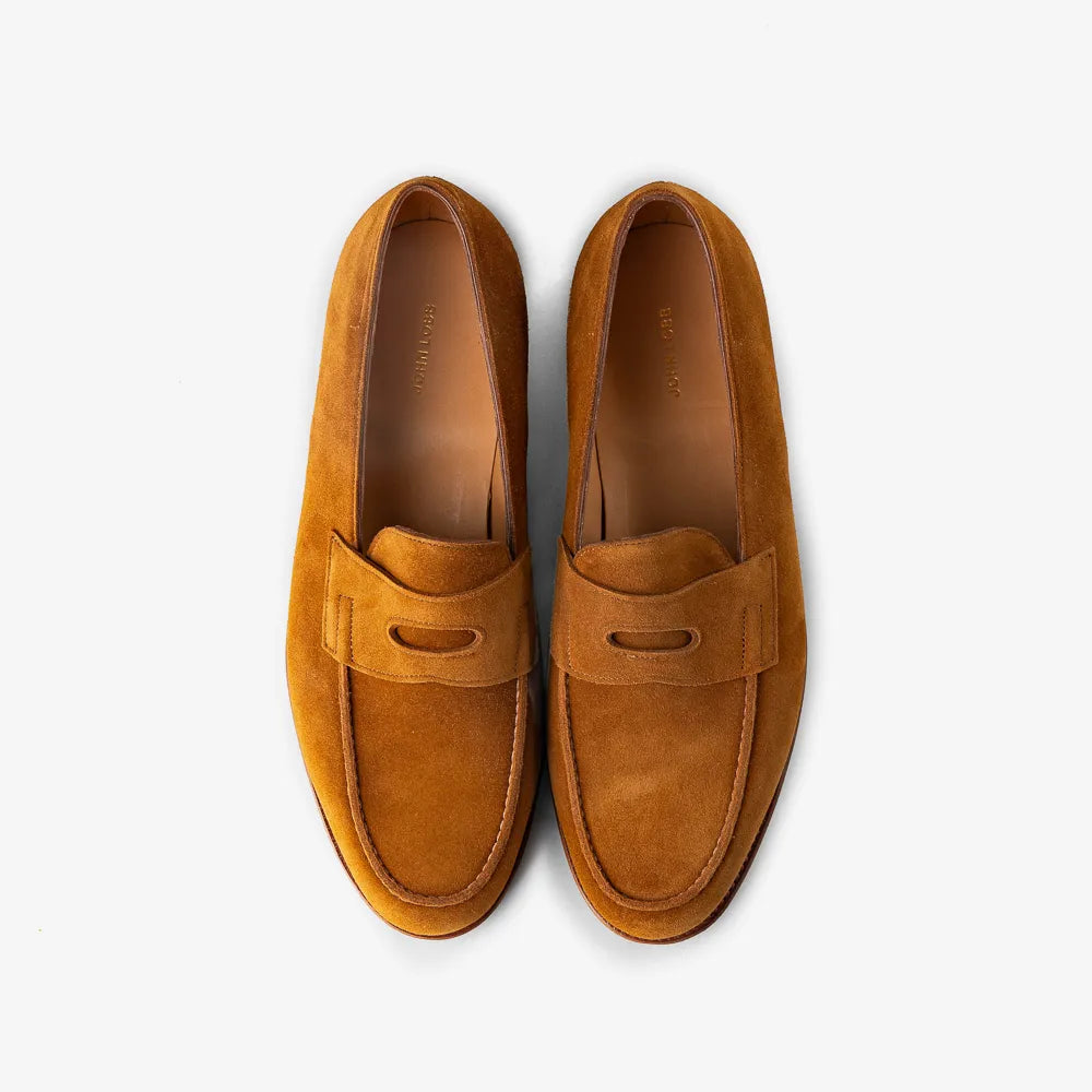 John Lobb Lopez penny loafer in tobacco suede, top view highlighting penny strap.