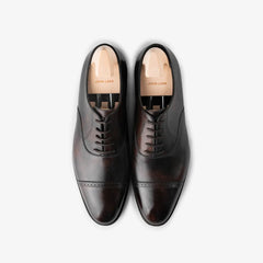John Lobb Philip II Oxford in black calf, top view showing cap toe and symmetry.