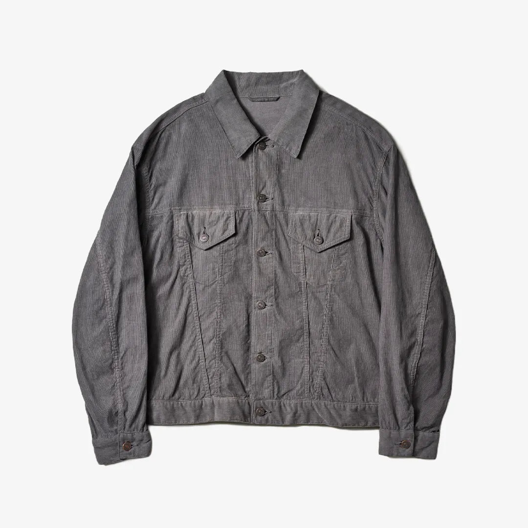 Front view of the Kaptain Sunshine cotton corduroy T-3 jacket in grey featuring a clean silhouette and textured corduroy construction.