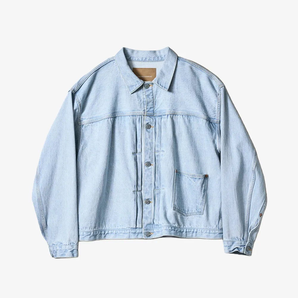 Front view of the Kaptain Sunshine denim tracker 1P jacket in indigo ICE wash featuring a clean silhouette and washed denim finish.