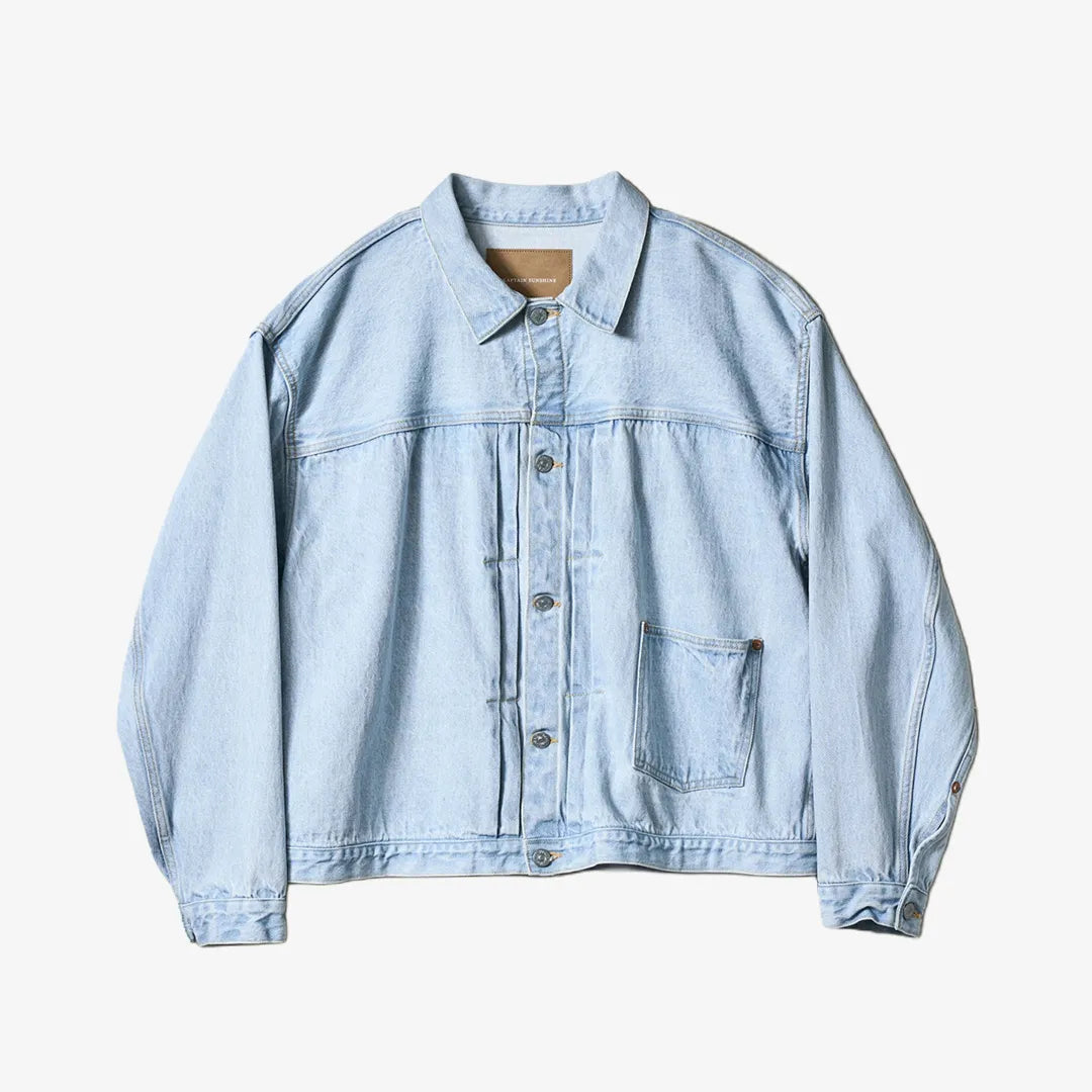 Front view of the Kaptain Sunshine denim tracker 1P jacket in indigo ICE wash featuring a clean silhouette and washed denim finish.