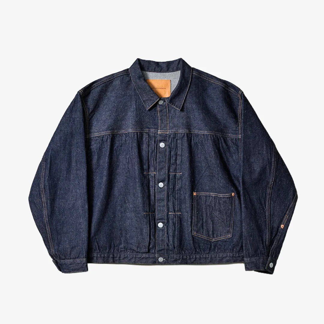 Front view of the Kaptain Sunshine denim tracker 1P jacket in indigo one wash featuring a clean silhouette and classic denim construction.