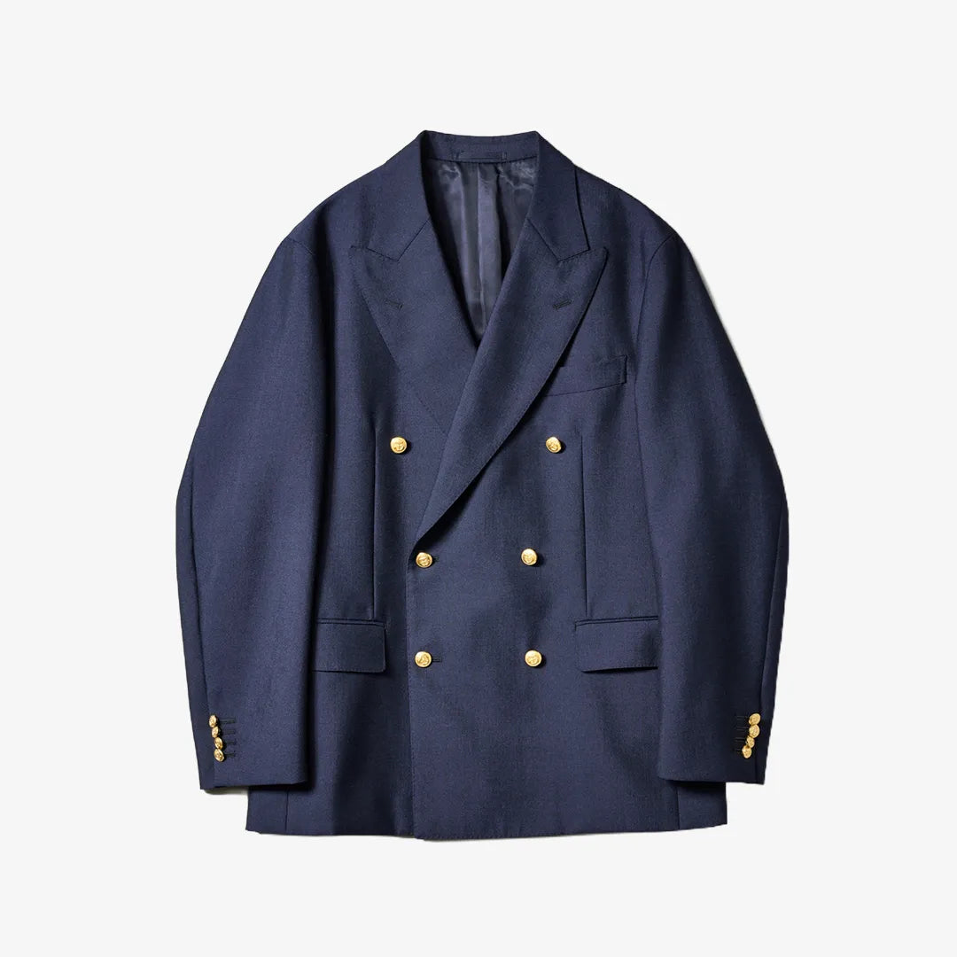 Front view of the Kaptain Sunshine double-breasted blazer in navy featuring a relaxed silhouette and classic tailoring.