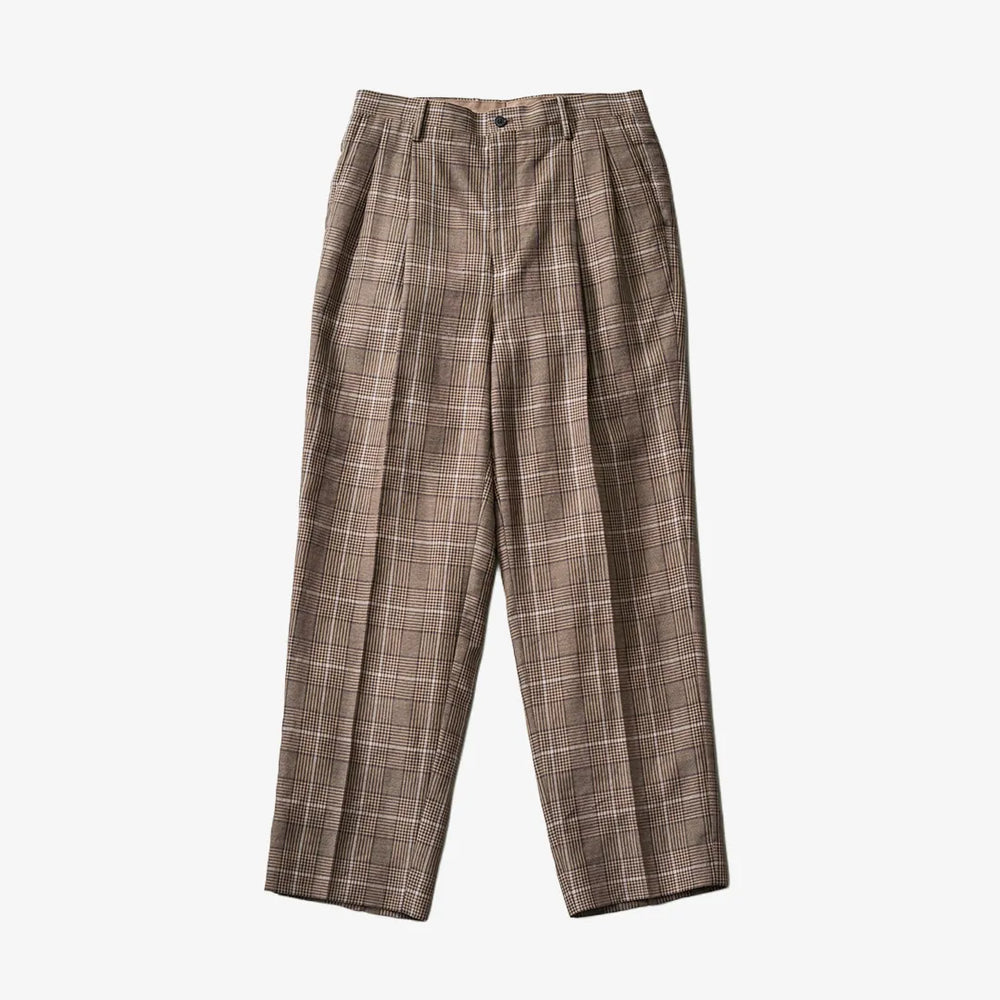 Front view of the Kaptain Sunshine shoecut slacks pants in brown plaid featuring a clean tailored silhouette and subtle flare.