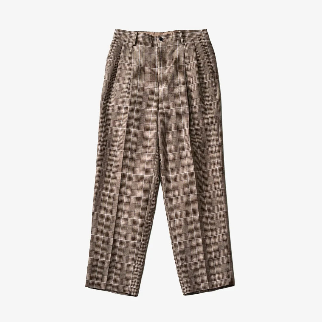 Front view of the Kaptain Sunshine shoecut slacks pants in brown plaid featuring a clean tailored silhouette and subtle flare.