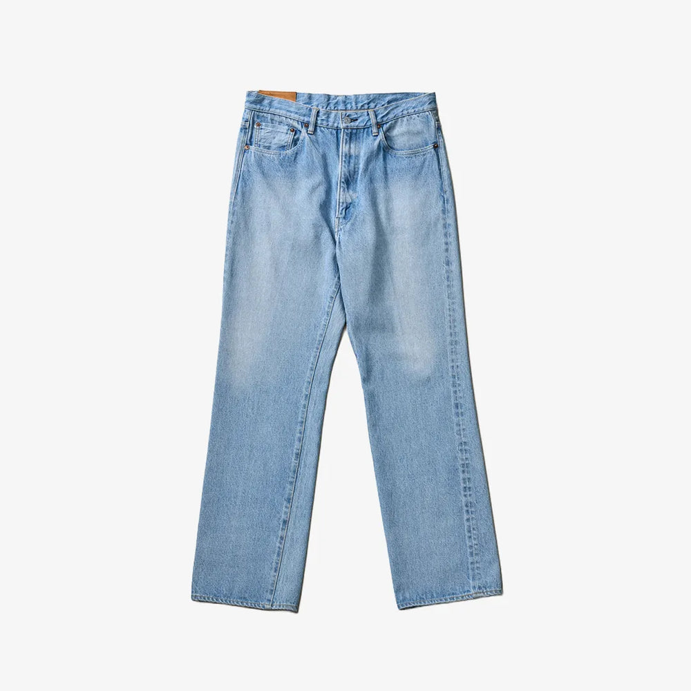 Front view of the Kaptain Sunshine skate shoecut denim pants in indigo vintage wash featuring a relaxed silhouette with a worn-in finish.